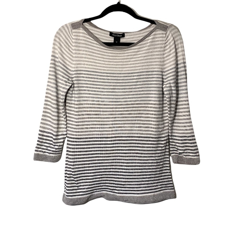 White House Crewneck Ombré Silver Glitter Stripe Cream Long Sleeve Top